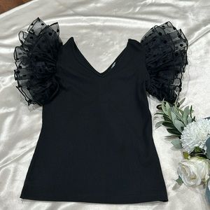 Black Ribbed Polka Dot Ruffle Sleeve Top